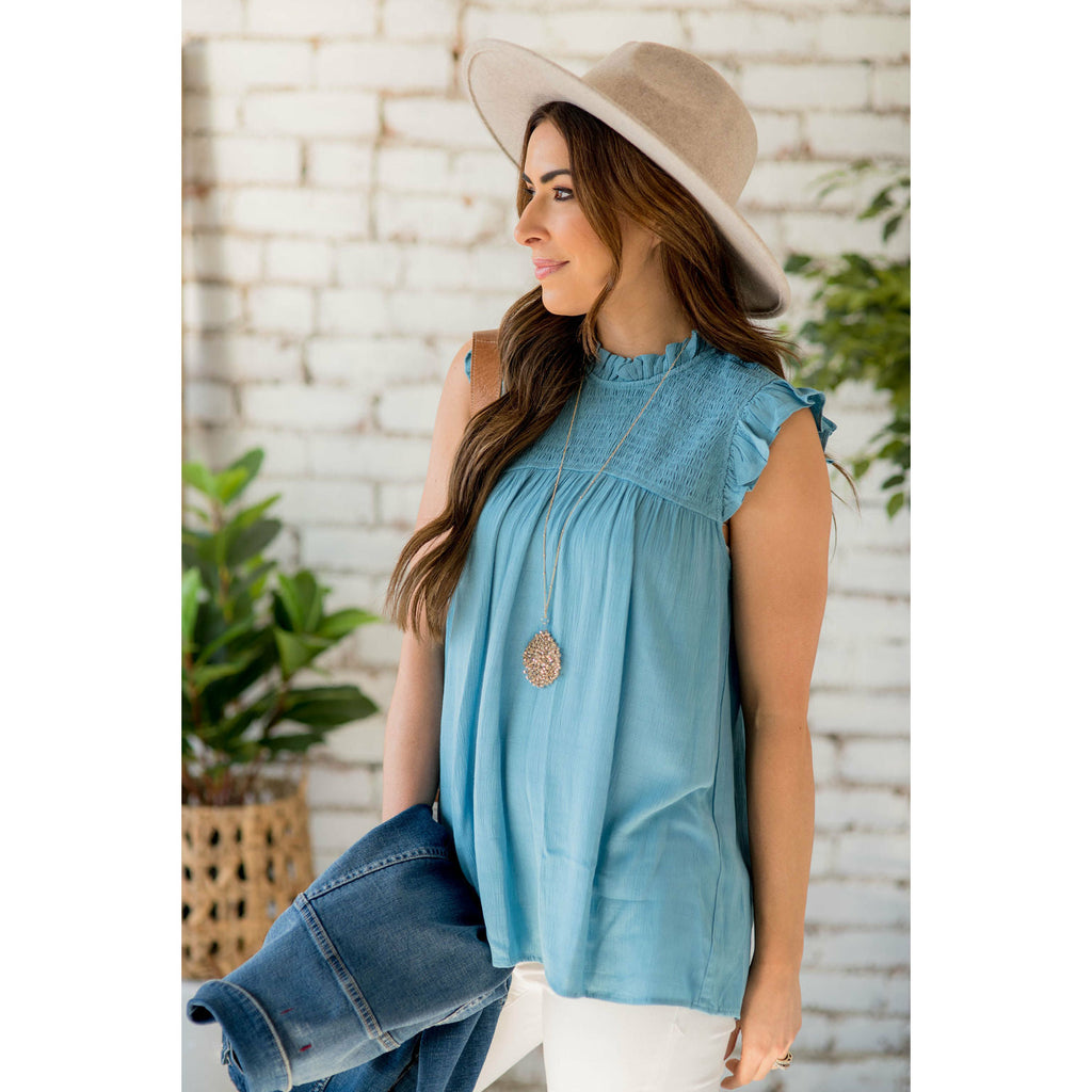 Smocked Cinch Neck Ruffle Shoulder Tank - Betsey's Boutique Shop