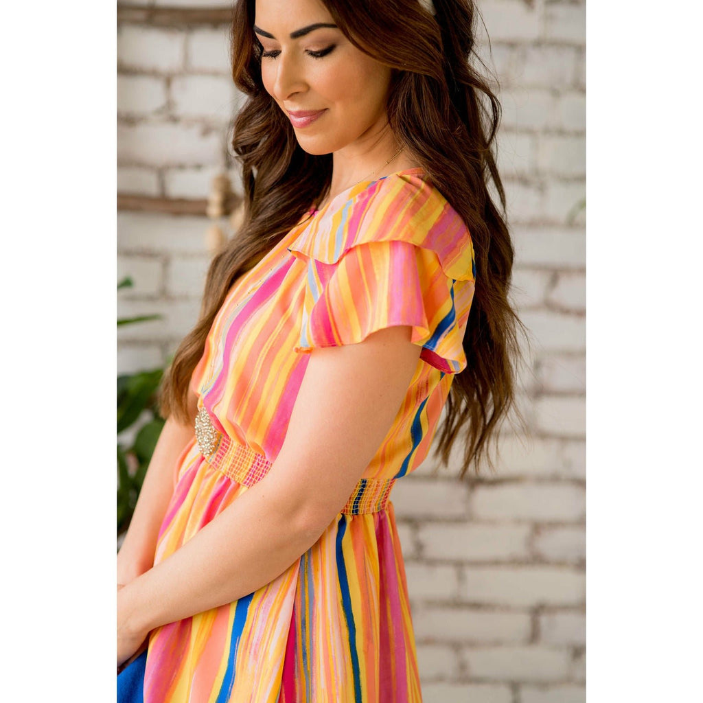 DUPLICATE Double Flutter Vertical Watercolor Striped Dress - Betsey's Boutique Shop