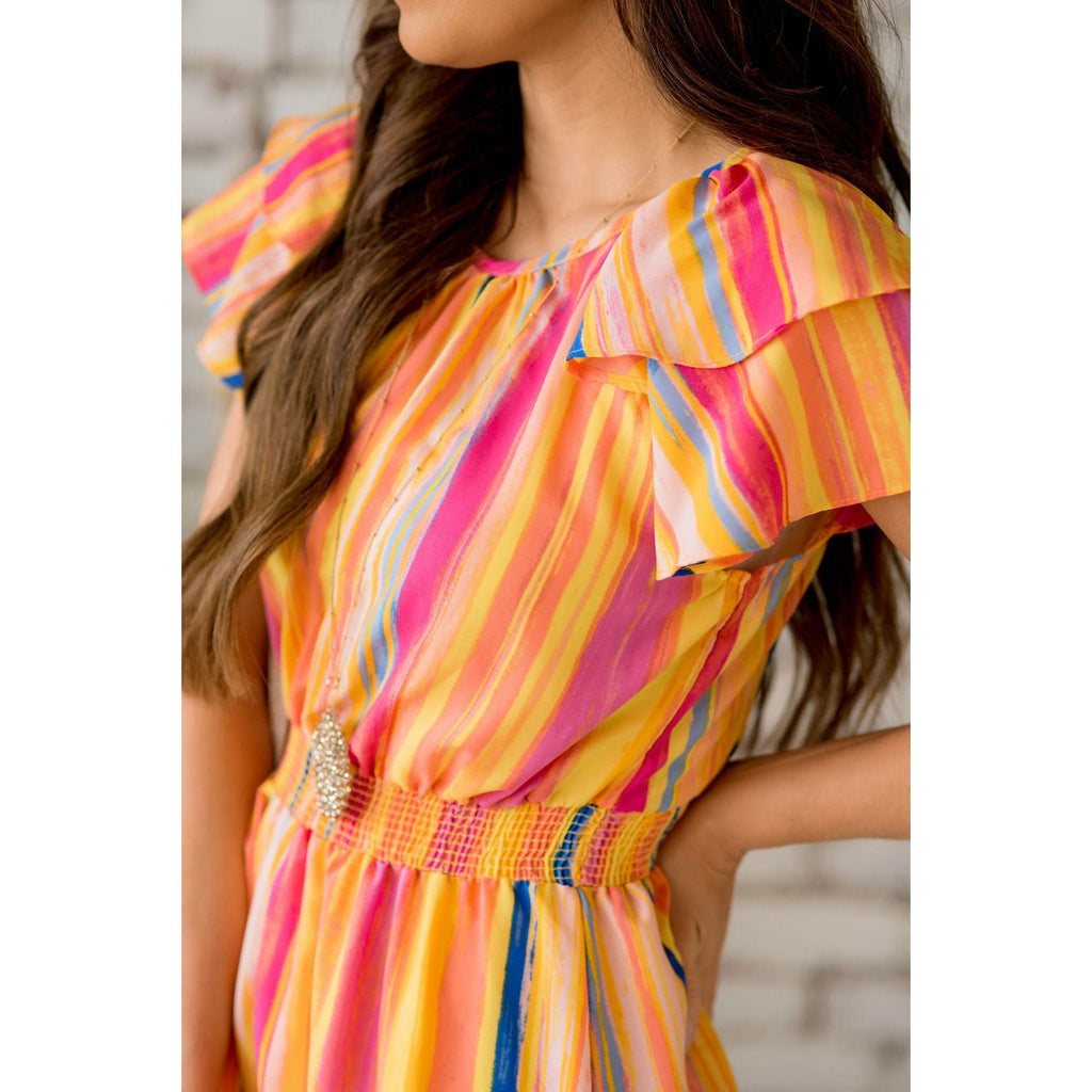 DUPLICATE Double Flutter Vertical Watercolor Striped Dress - Betsey's Boutique Shop