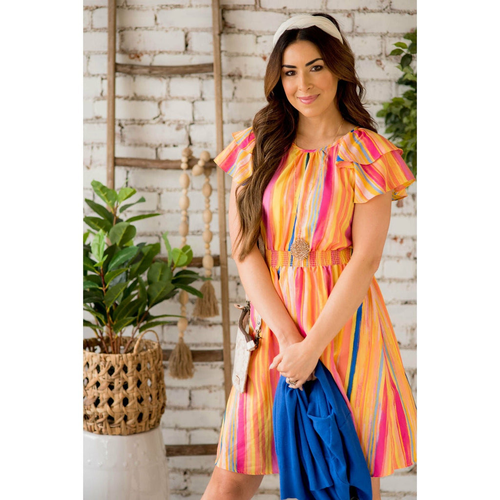 DUPLICATE Double Flutter Vertical Watercolor Striped Dress - Betsey's Boutique Shop