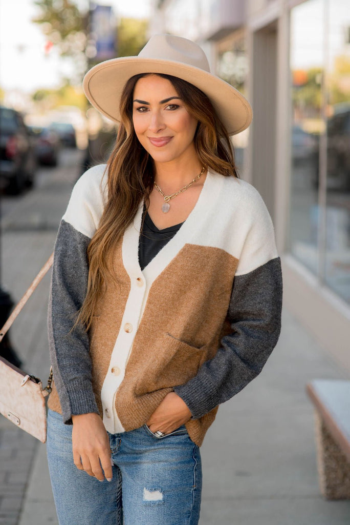 Neutral Blocked Button Accent Cardigan - Betsey's Boutique Shop