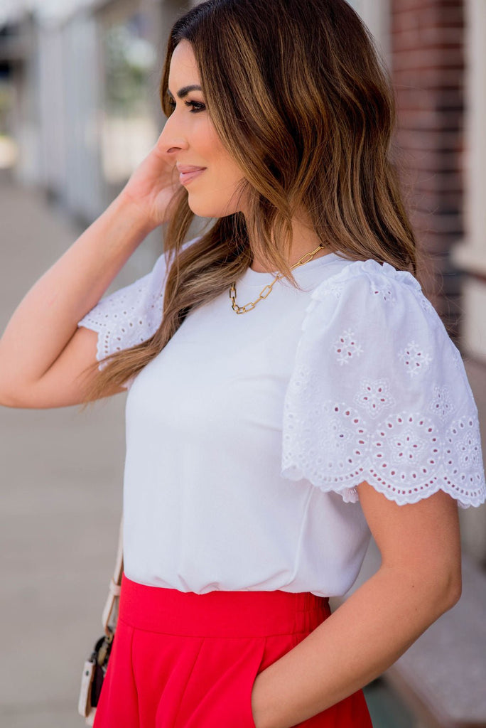 Eyelet Puffed Sleeve Tee - Betsey's Boutique Shop -