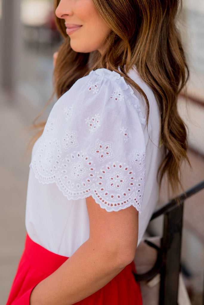 Eyelet Puffed Sleeve Tee - Betsey's Boutique Shop -