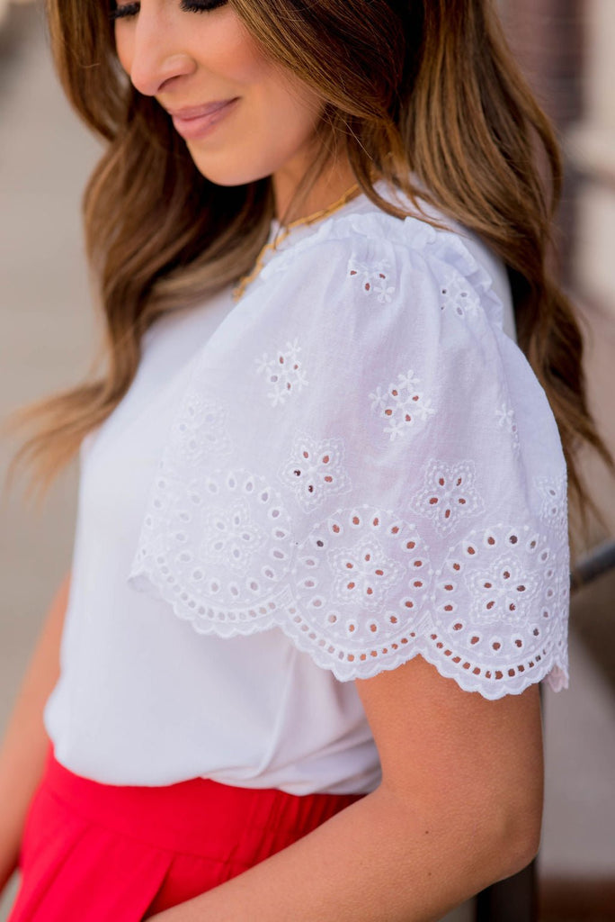 Eyelet Puffed Sleeve Tee - Betsey's Boutique Shop -