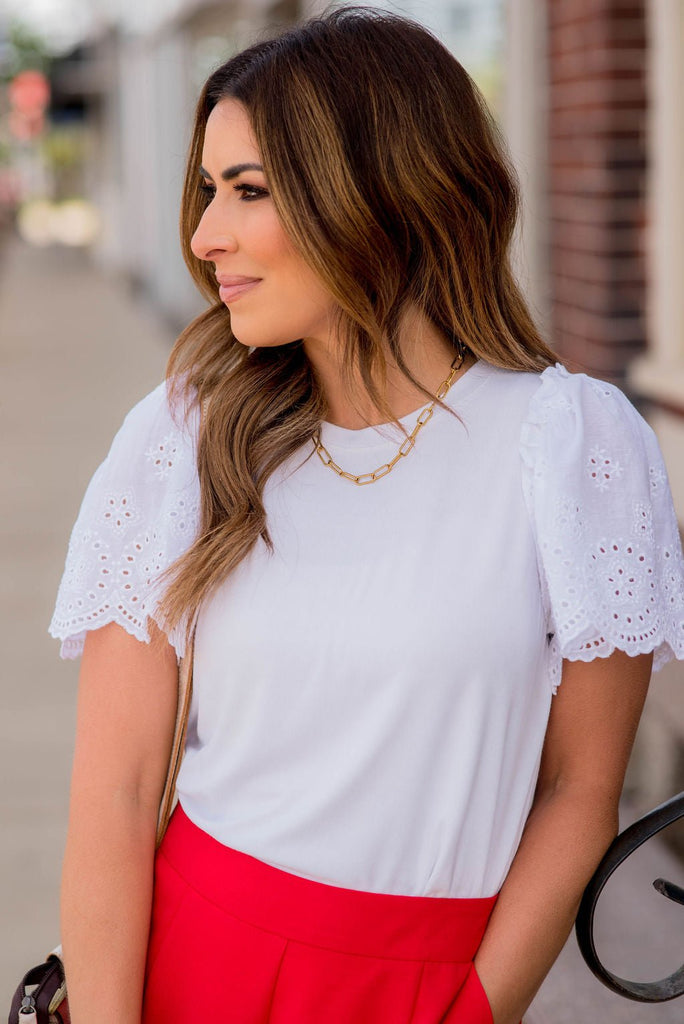 Eyelet Puffed Sleeve Tee - Betsey's Boutique Shop -