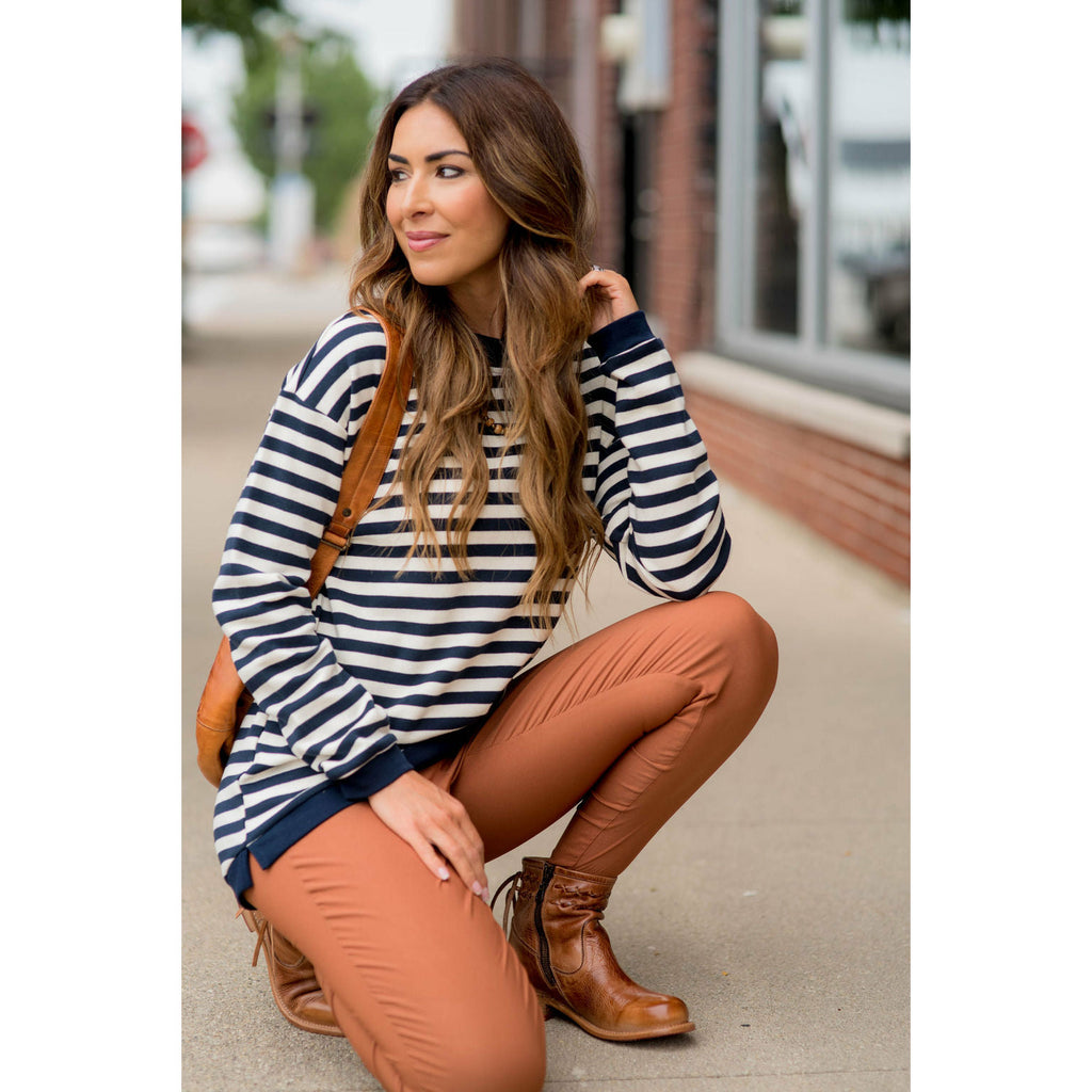 Stripe Solid Trimmed Sweatshirt - Betsey's Boutique Shop - Shirts & Tops