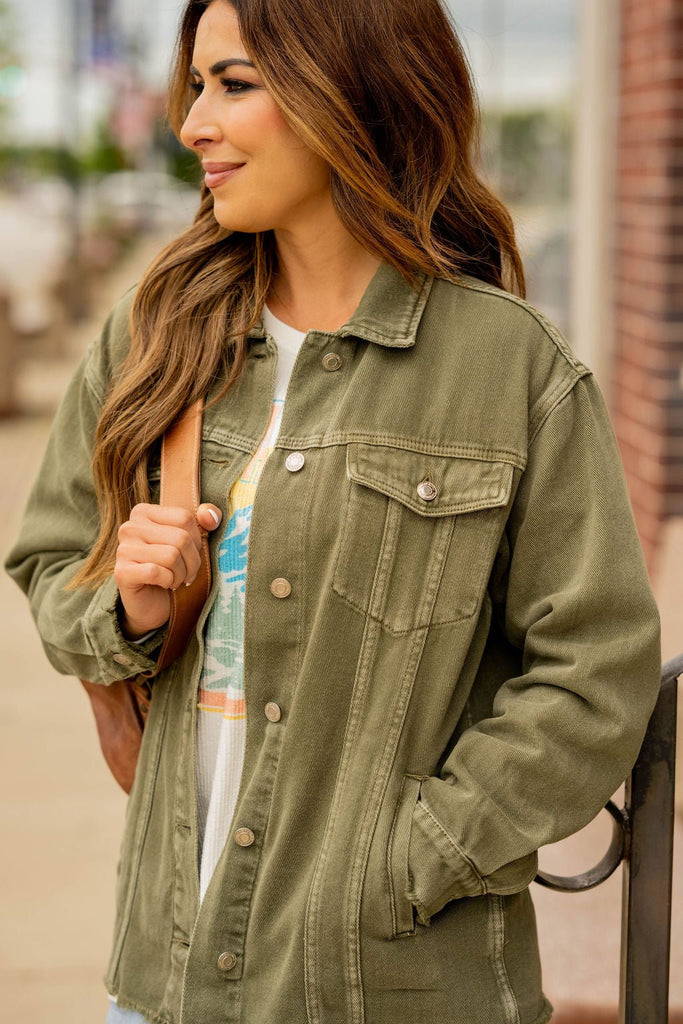 Olive Frayed Edge Denim Jacket - Betsey's Boutique Shop -