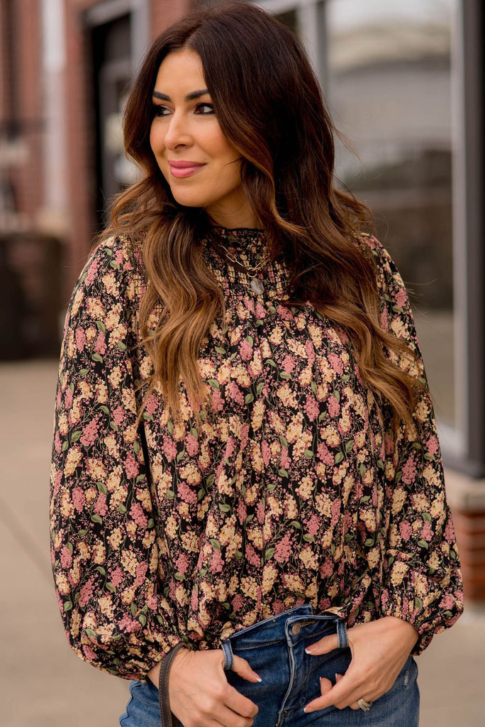 Blossoms Cinched Trim Blouse - Betsey's Boutique Shop -