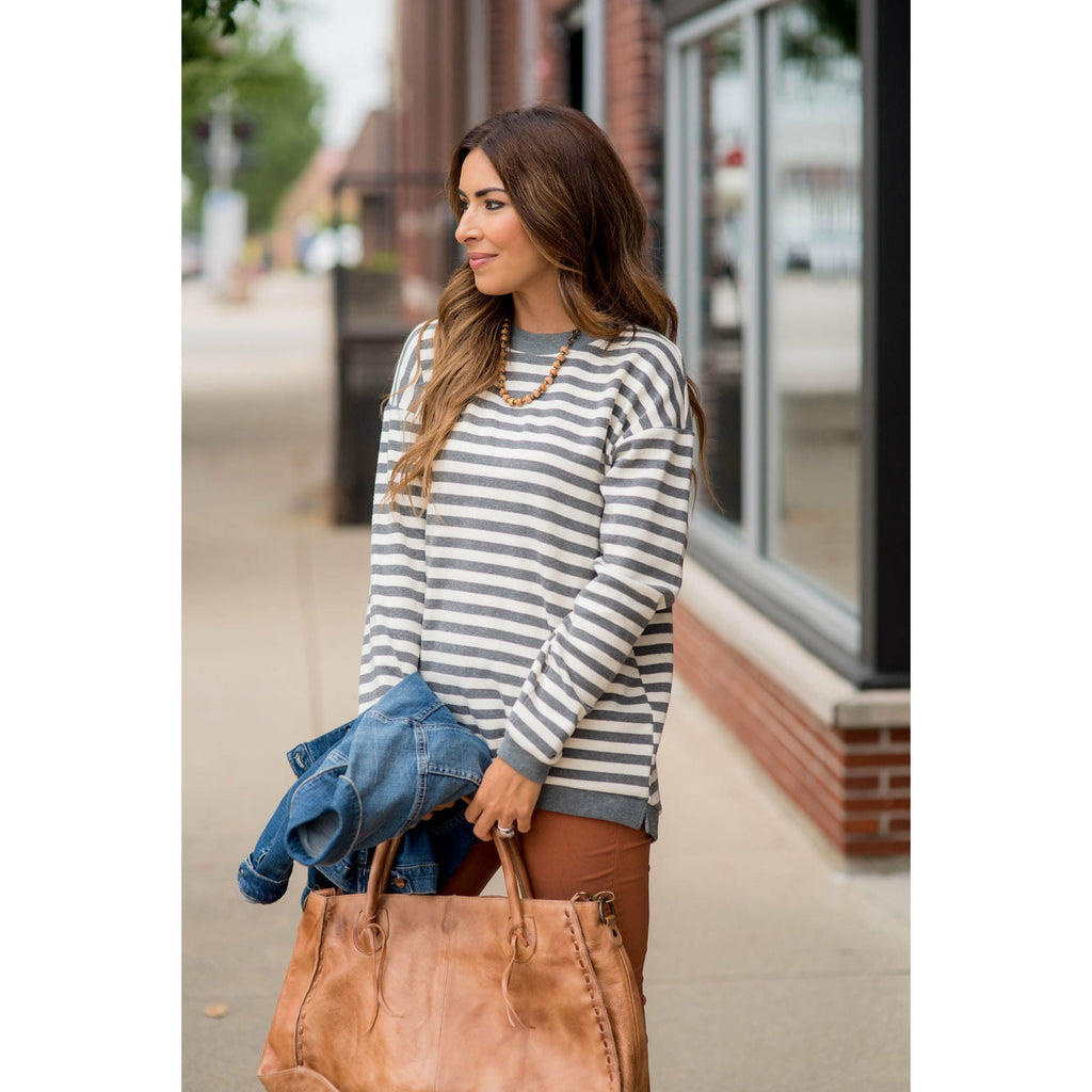 Stripe Solid Trimmed Sweatshirt - Betsey's Boutique Shop - Shirts & Tops