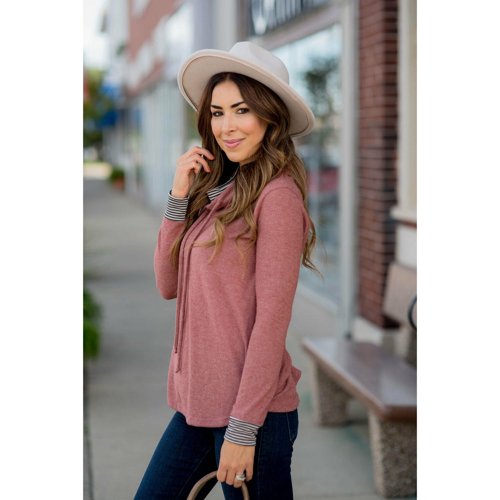 Striped Detailed Accented Cowl Neck Sweatshirt - Betsey's Boutique Shop