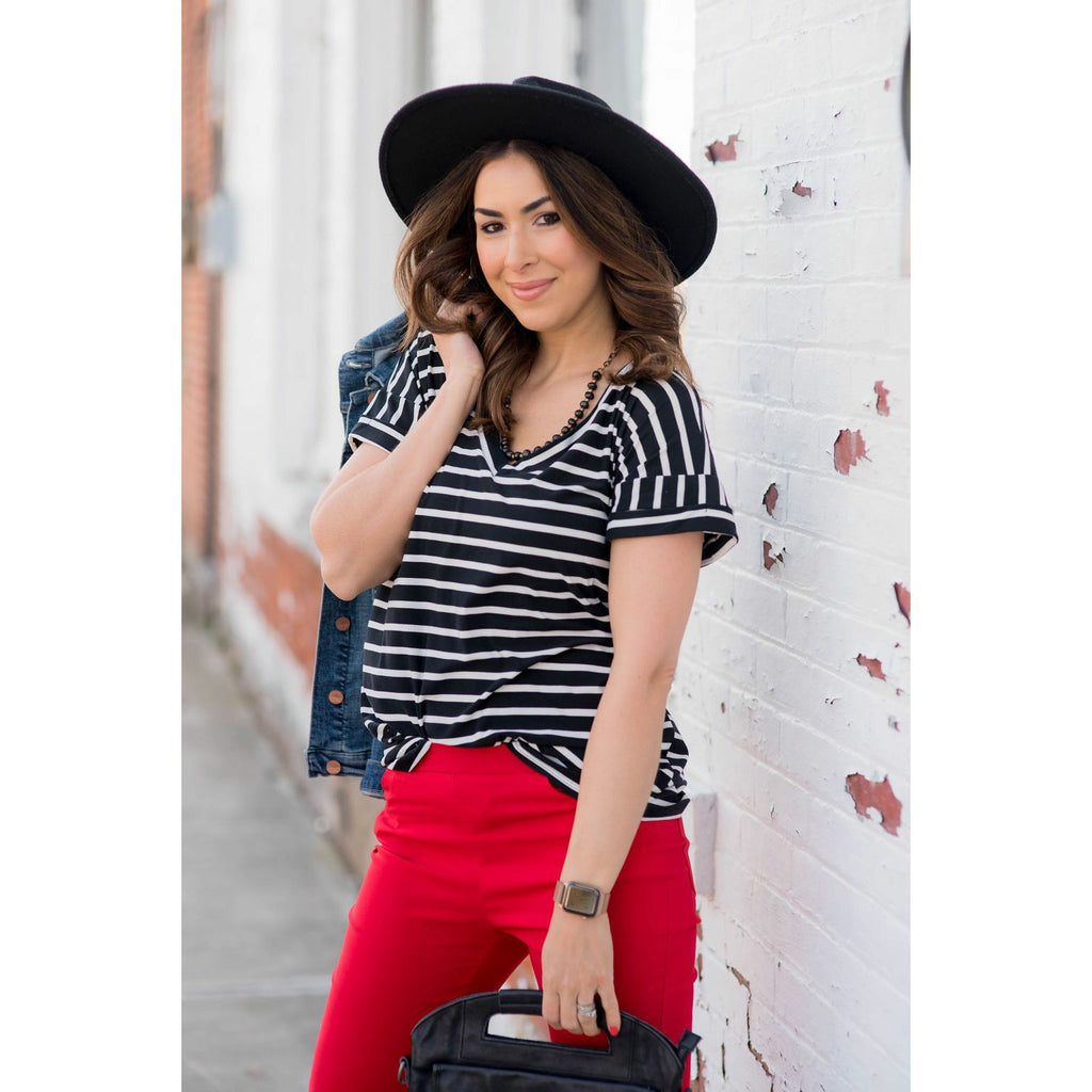 Striped V Neck Tee - Betsey's Boutique Shop