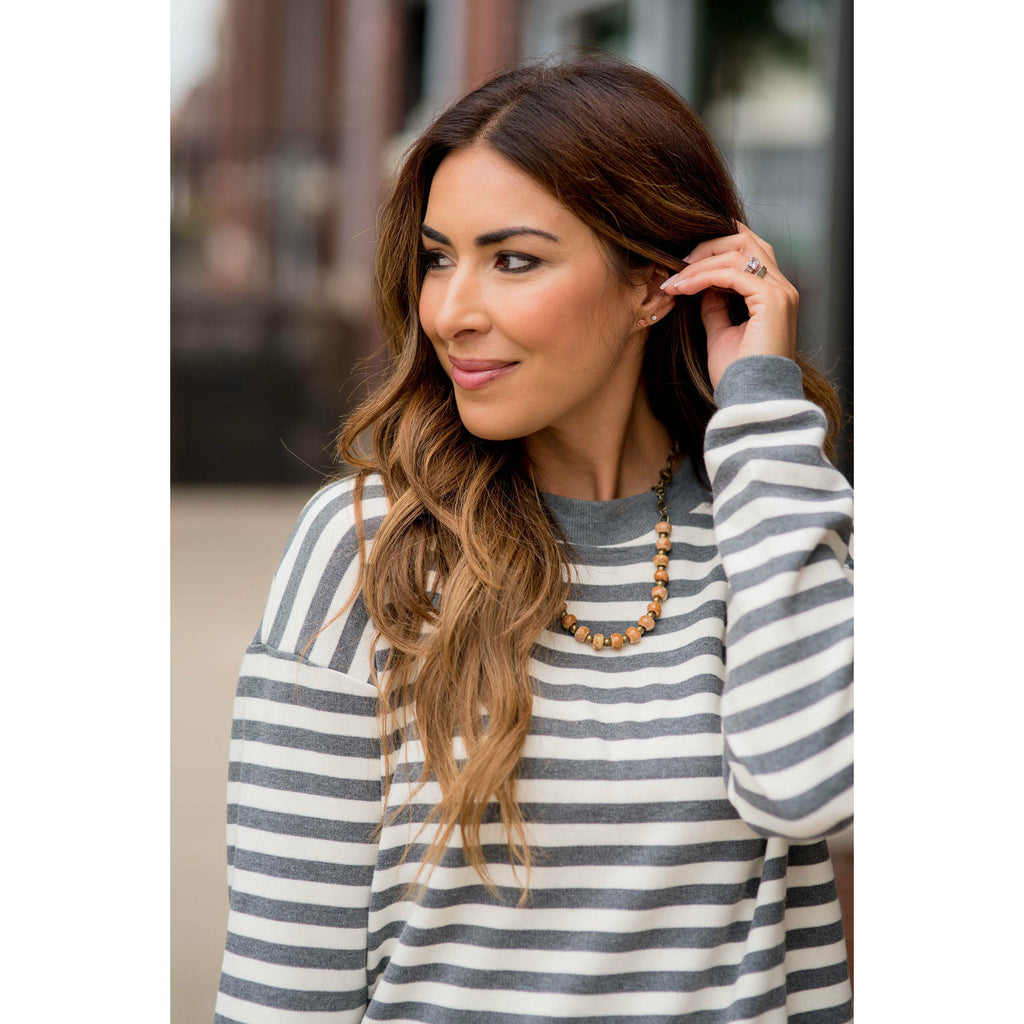 Stripe Solid Trimmed Sweatshirt - Betsey's Boutique Shop - Shirts & Tops