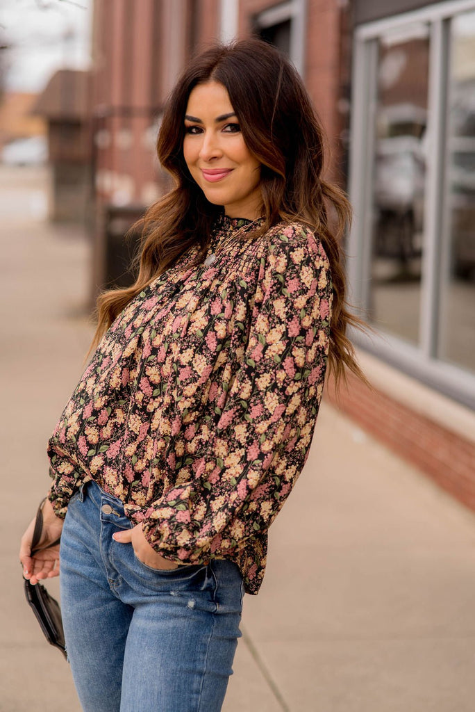 Blossoms Cinched Trim Blouse - Betsey's Boutique Shop -