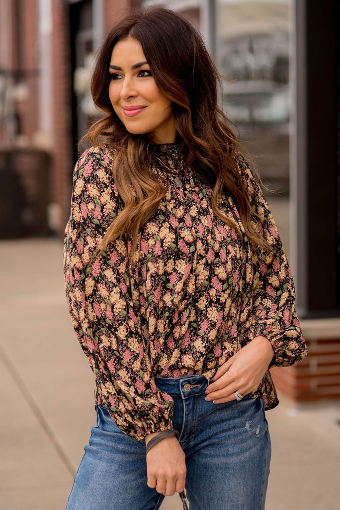 Blossoms Cinched Trim Blouse - Betsey's Boutique Shop -