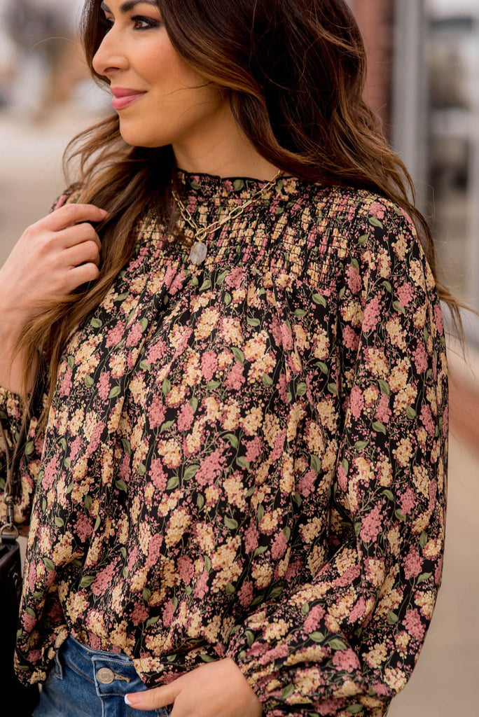 Blossoms Cinched Trim Blouse - Betsey's Boutique Shop -