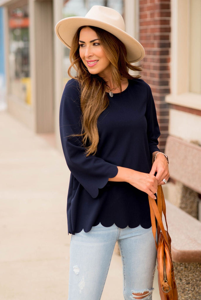 Scalloped Edge 3/4 Sleeve Blouse - Betsey's Boutique Shop