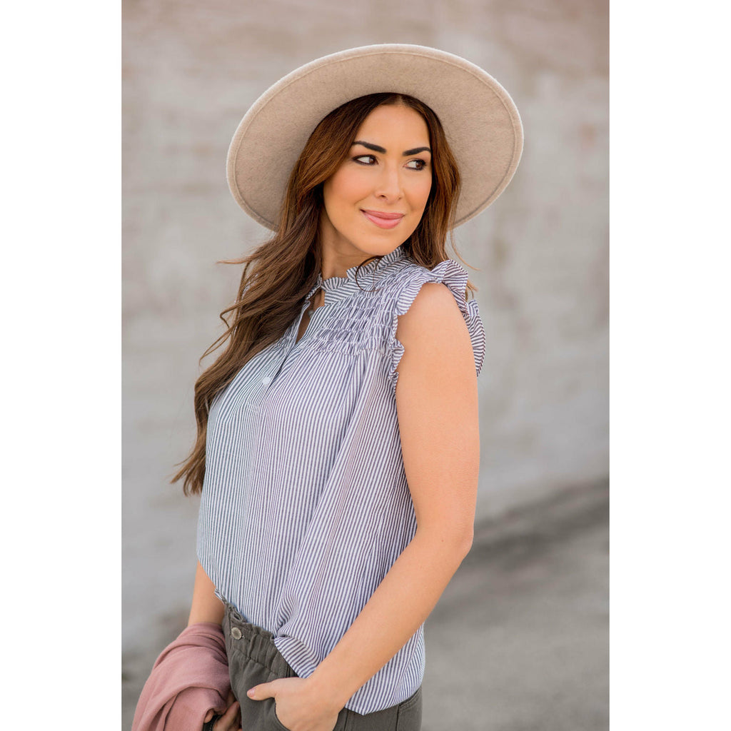 Vertical Striped Button Accented Ruffle Tank - Betsey's Boutique Shop