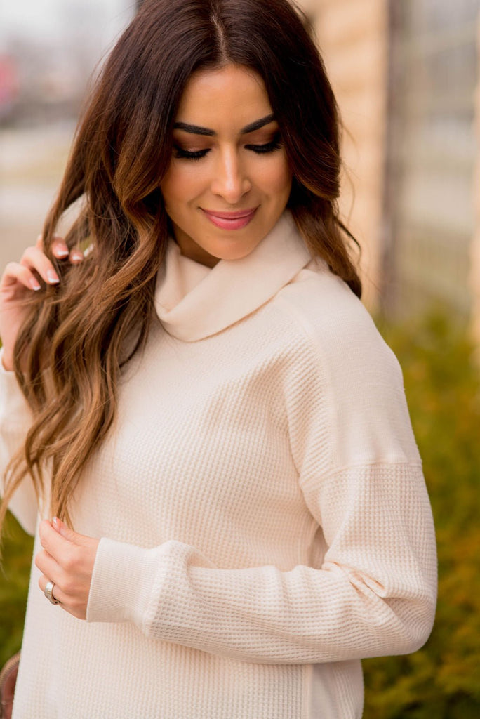 Waffled Solid Accented Cowl Neck Sweatshirt - Betsey's Boutique Shop -