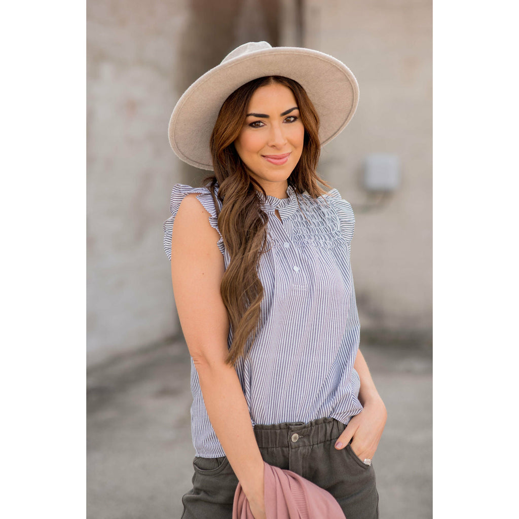 Vertical Striped Button Accented Ruffle Tank - Betsey's Boutique Shop