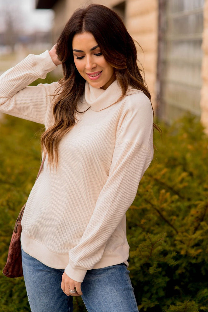 Waffled Solid Accented Cowl Neck Sweatshirt - Betsey's Boutique Shop -