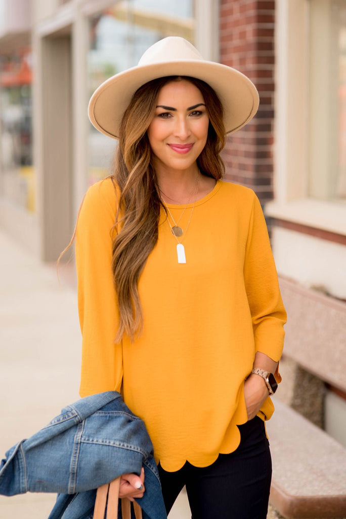 Lightweight Scalloped 3/4 Sleeve Blouse - Betsey's Boutique Shop