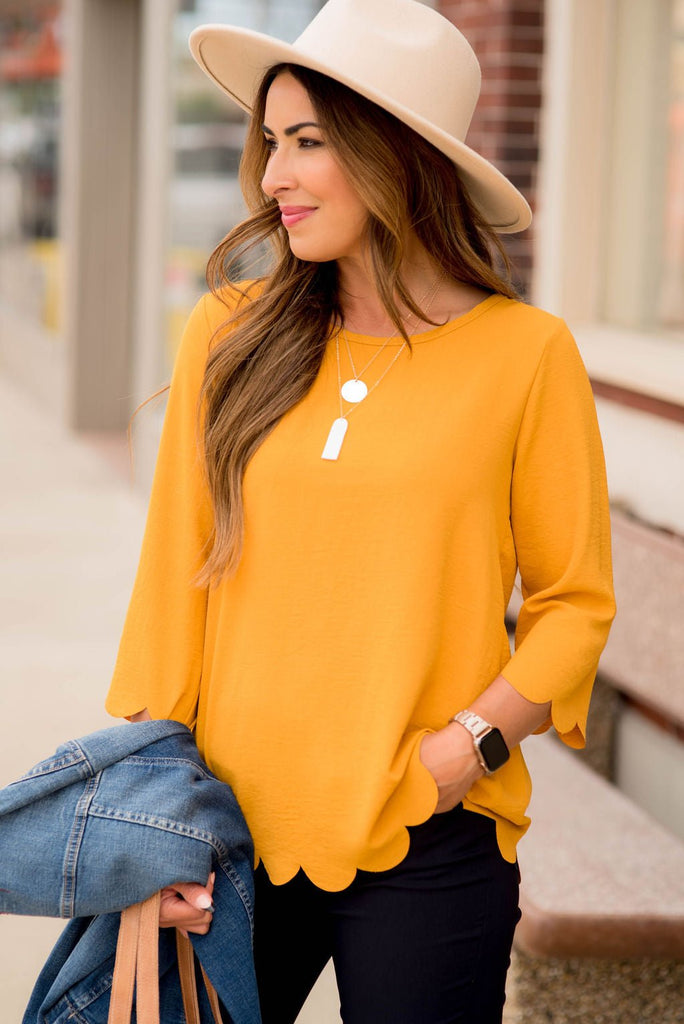 Lightweight Scalloped 3/4 Sleeve Blouse - Betsey's Boutique Shop