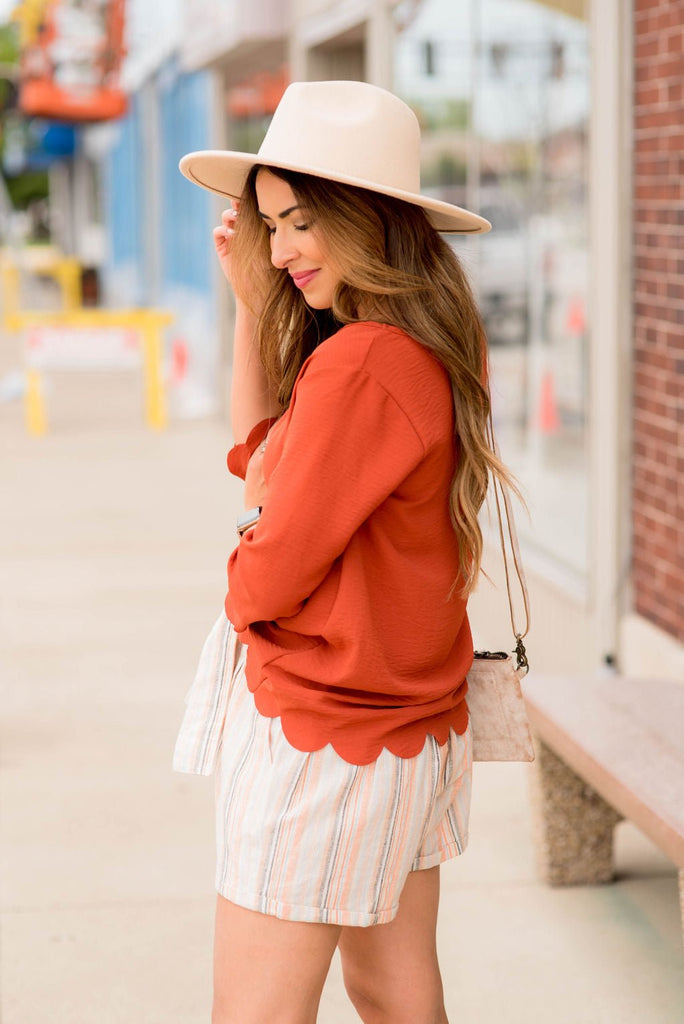 Lightweight Scalloped 3/4 Sleeve Blouse - Betsey's Boutique Shop