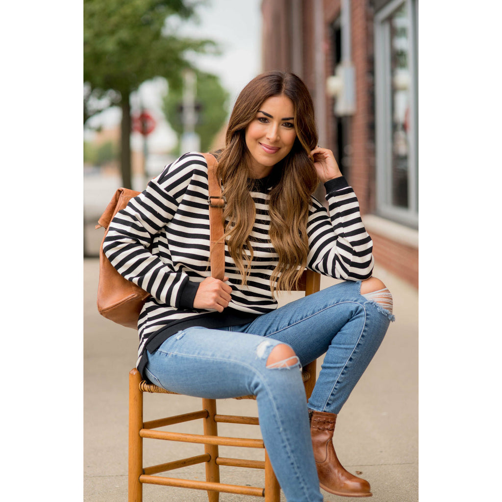 Stripe Solid Trimmed Sweatshirt - Betsey's Boutique Shop - Shirts & Tops