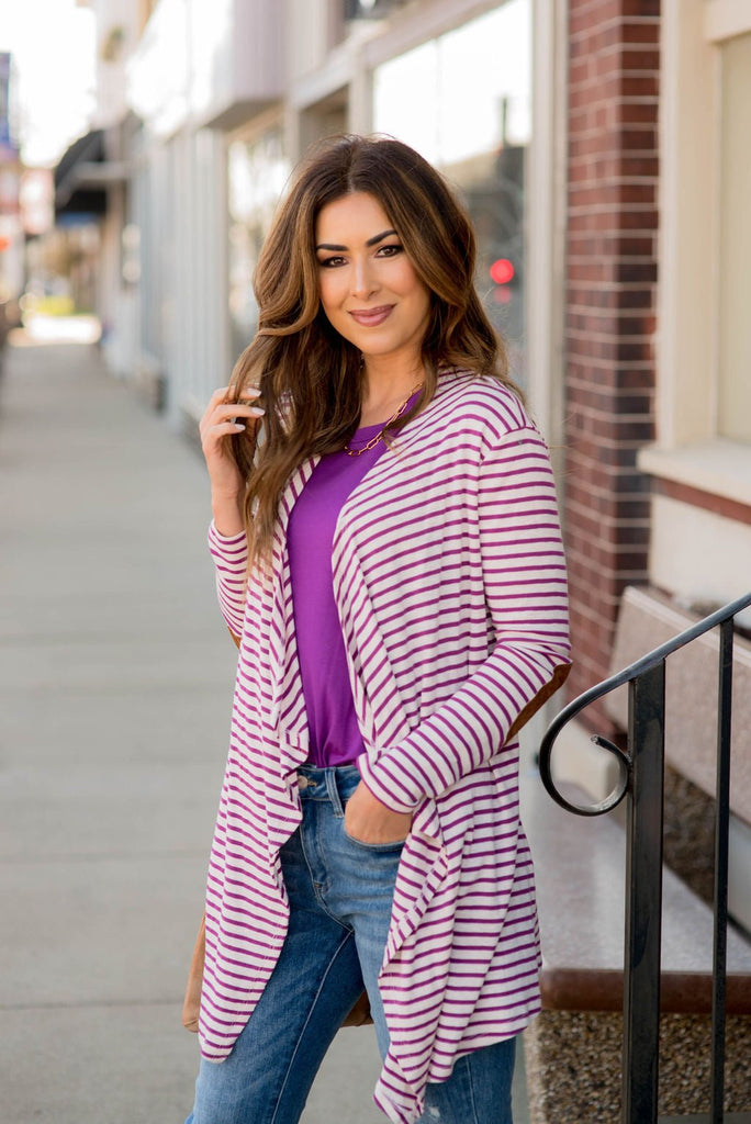 Striped Waterfall Elbow Patch Cardigan - Betsey's Boutique Shop