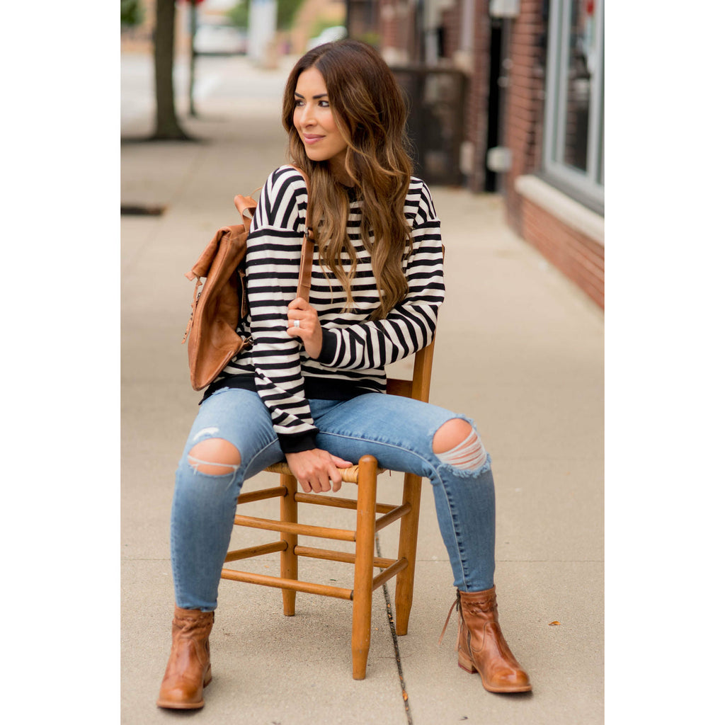 Stripe Solid Trimmed Sweatshirt - Betsey's Boutique Shop - Shirts & Tops