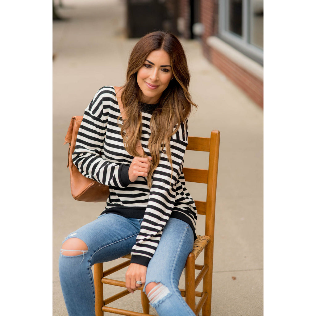 Stripe Solid Trimmed Sweatshirt - Betsey's Boutique Shop - Shirts & Tops