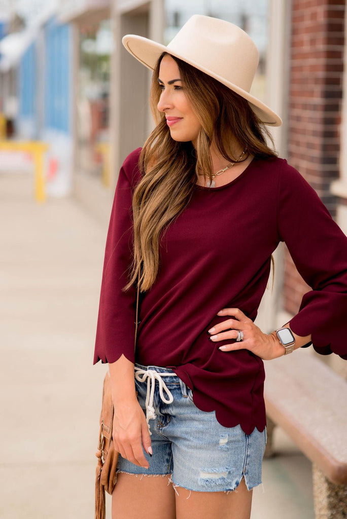 Scalloped Edge 3/4 Sleeve Blouse - Betsey's Boutique Shop