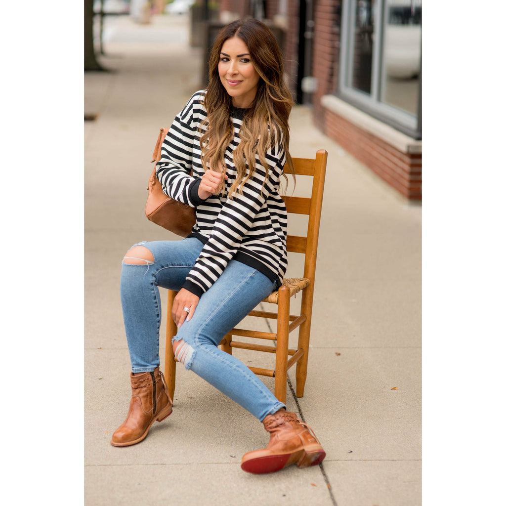 Stripe Solid Trimmed Sweatshirt - Betsey's Boutique Shop - Shirts & Tops