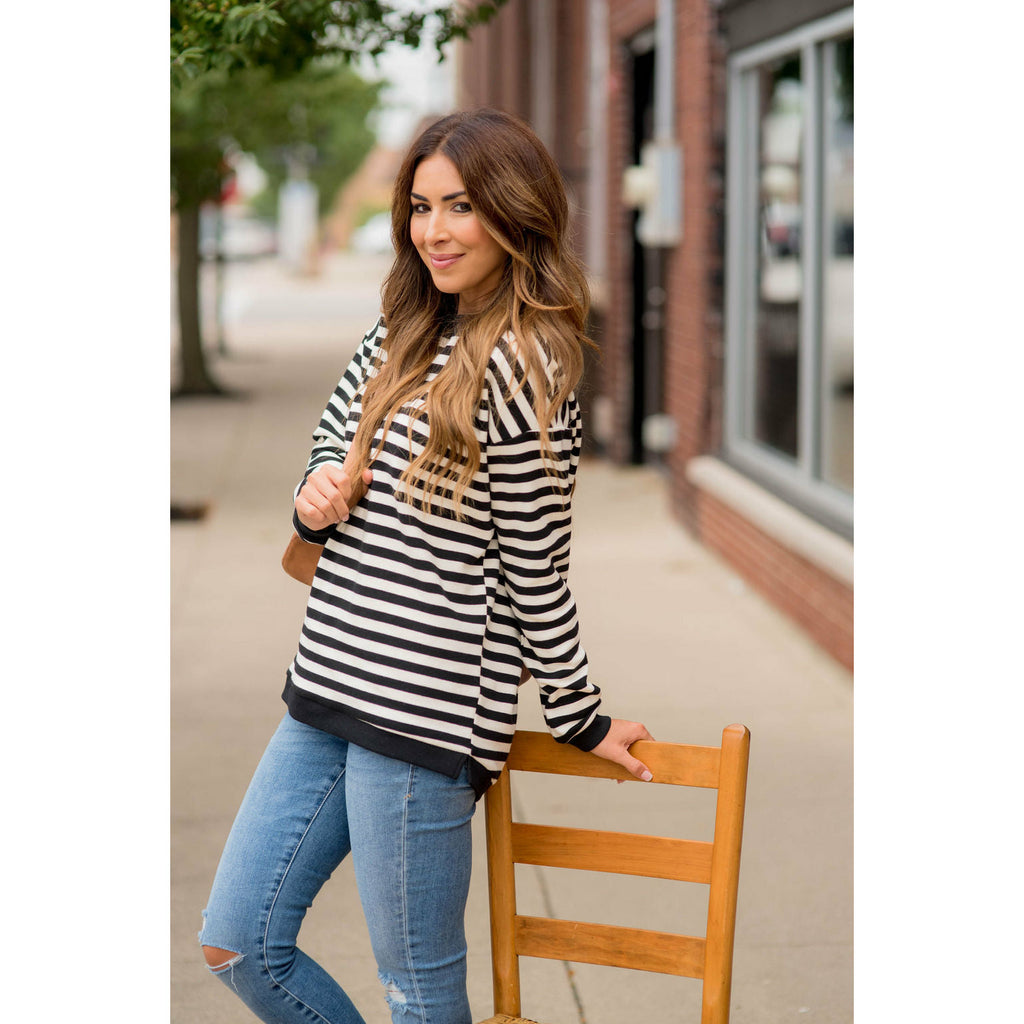 Stripe Solid Trimmed Sweatshirt - Betsey's Boutique Shop - Shirts & Tops