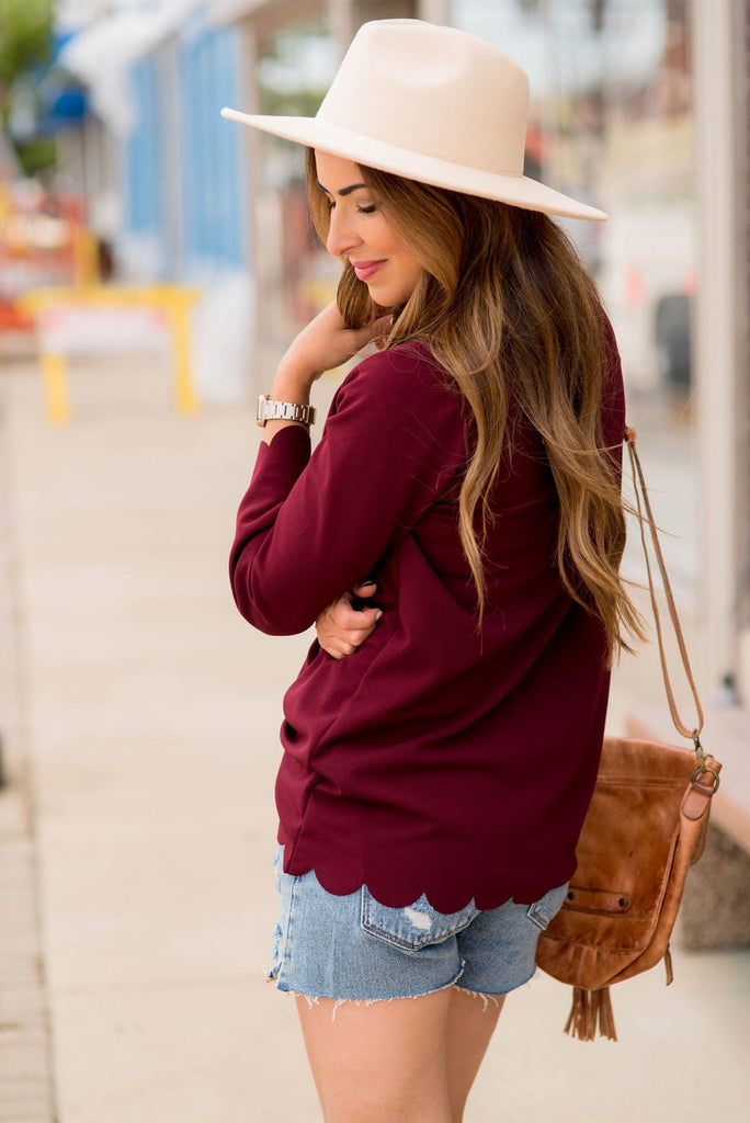 Scalloped Edge 3/4 Sleeve Blouse - Betsey's Boutique Shop