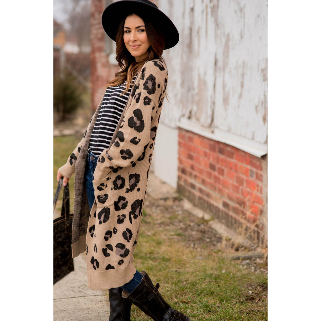 Leopard Raw Edge Pocket Tunic Cardigan - Betsey's Boutique Shop