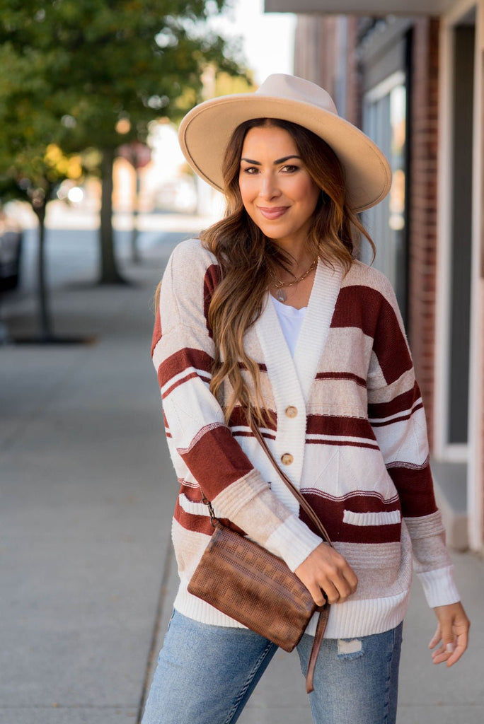 Striped Drop Shoulder Button Cardigan - Betsey's Boutique Shop