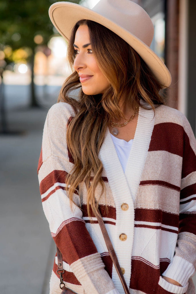 Striped Drop Shoulder Button Cardigan - Betsey's Boutique Shop