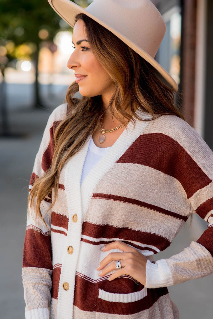 Striped Drop Shoulder Button Cardigan - Betsey's Boutique Shop