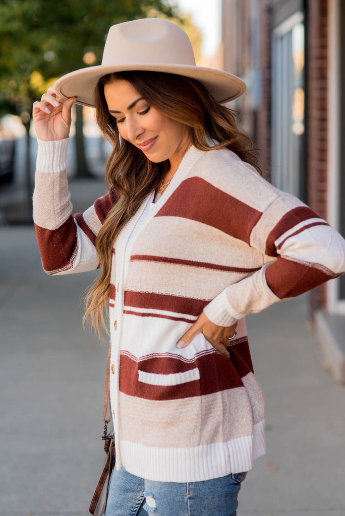 Striped Drop Shoulder Button Cardigan - Betsey's Boutique Shop