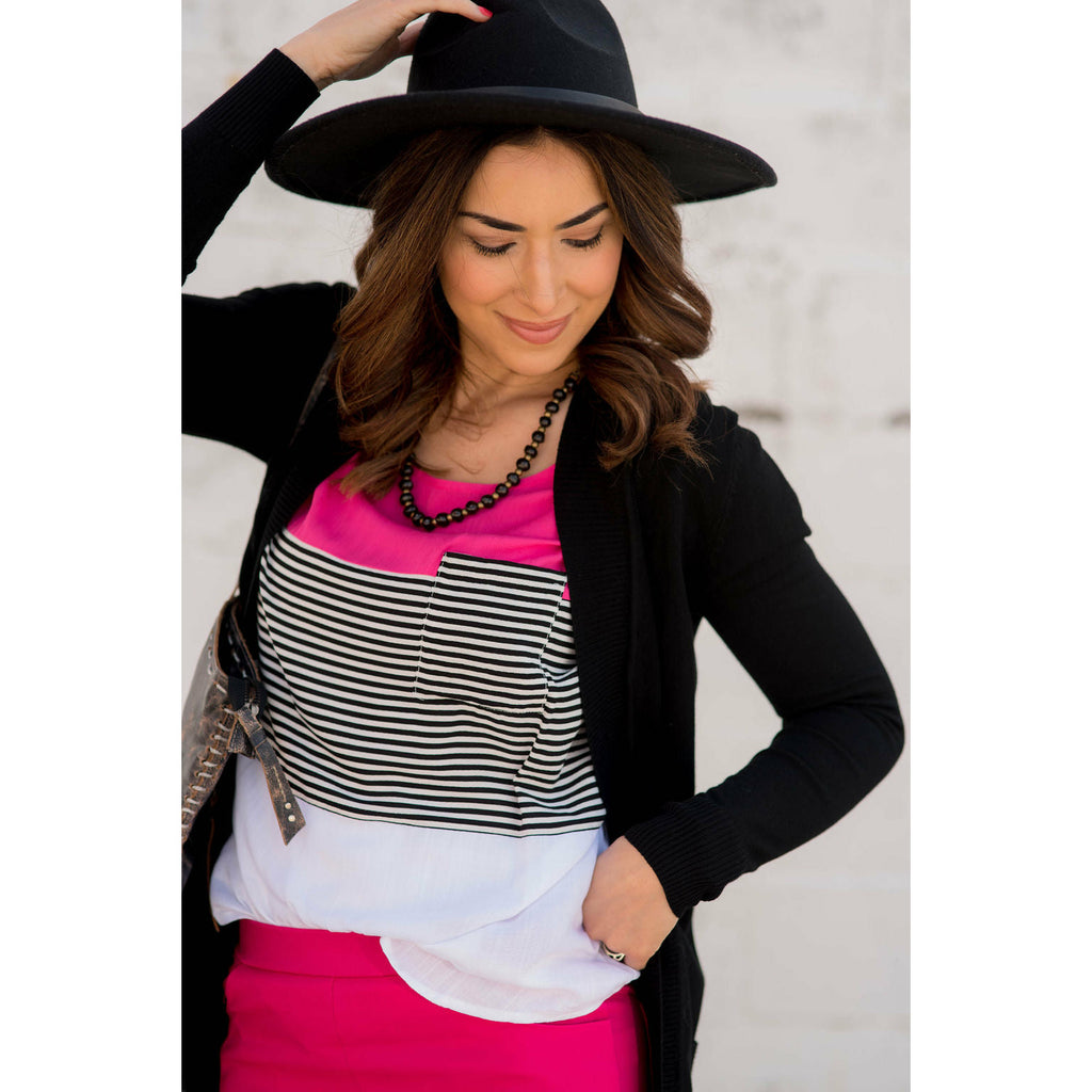 Color Blocked Striped Pocket Tee - Magenta - Betsey's Boutique Shop