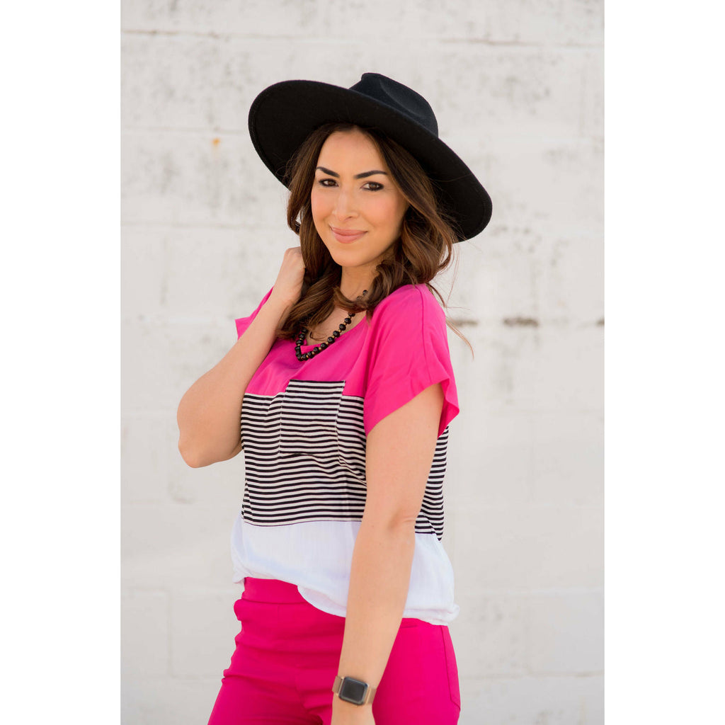 Color Blocked Striped Pocket Tee - Magenta - Betsey's Boutique Shop