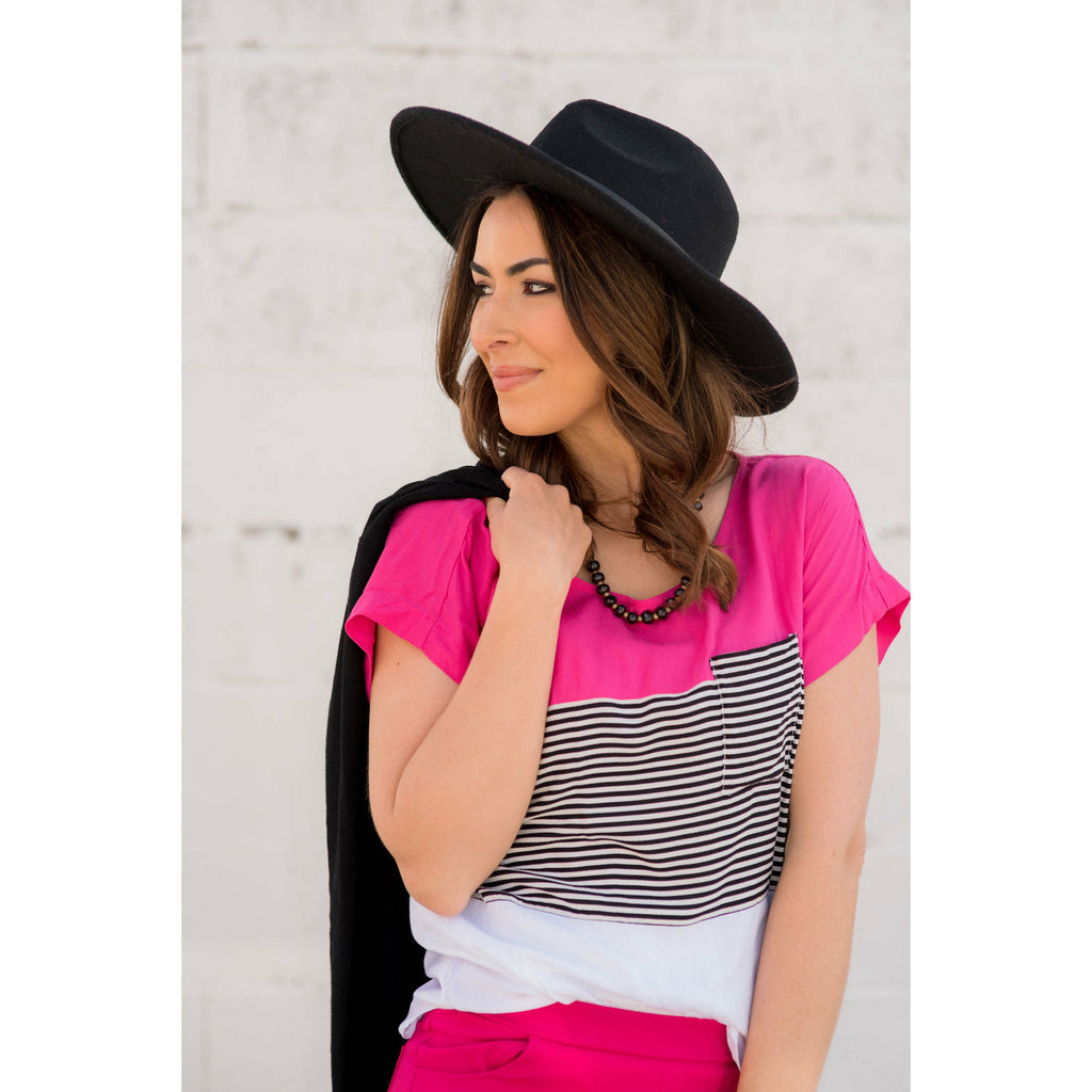 Color Blocked Striped Pocket Tee - Magenta - Betsey's Boutique Shop