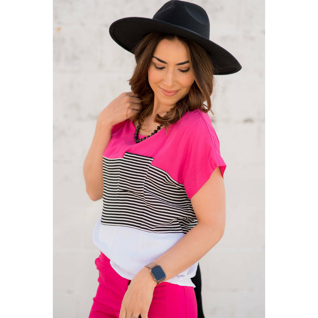 Color Blocked Striped Pocket Tee - Magenta - Betsey's Boutique Shop