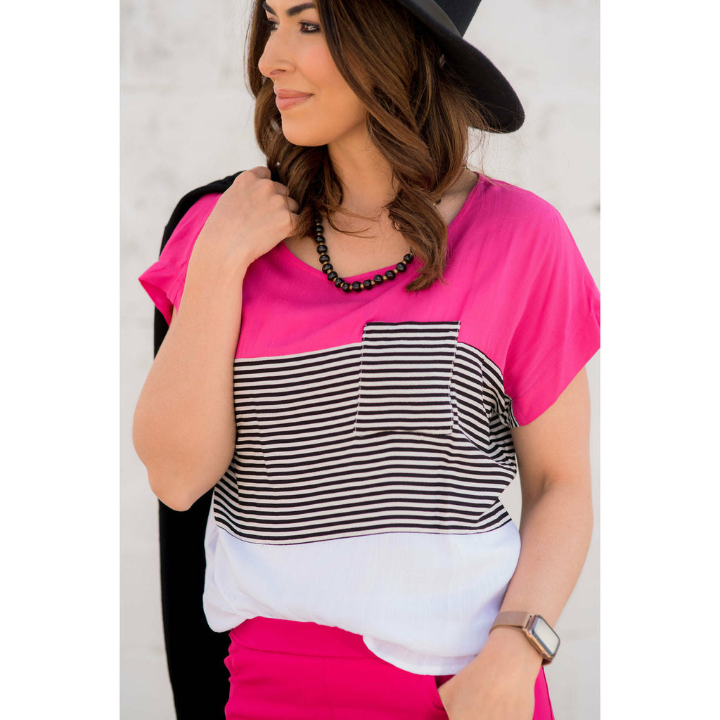 Color Blocked Striped Pocket Tee - Magenta - Betsey's Boutique Shop