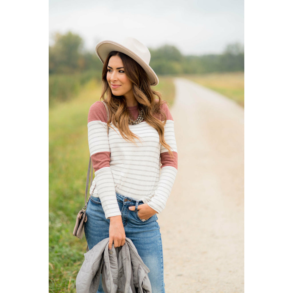 Striped Color Blocked Long Sleeve Tee - Betsey's Boutique Shop