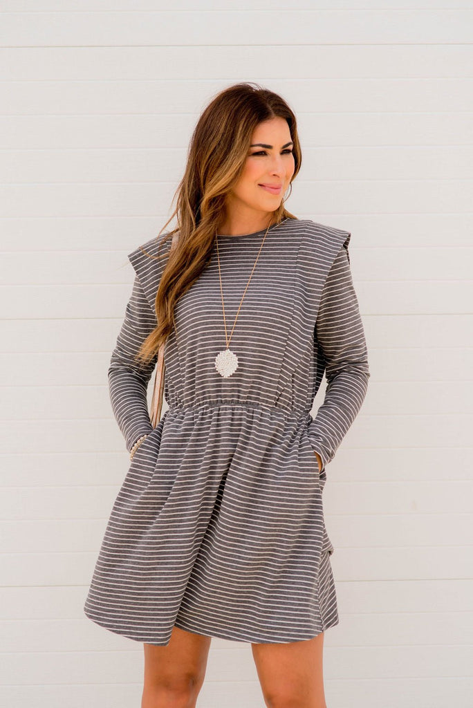 Striped Ruffle Accented Long Sleeve Dress - Betsey's Boutique Shop -