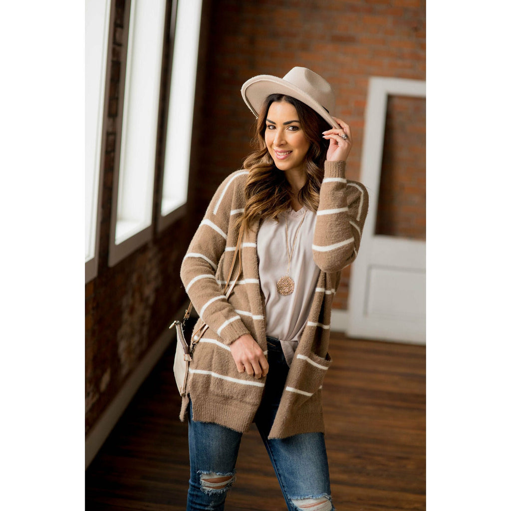 Striped Fuzzy Cardigan - Betsey's Boutique Shop - Coats & Jackets