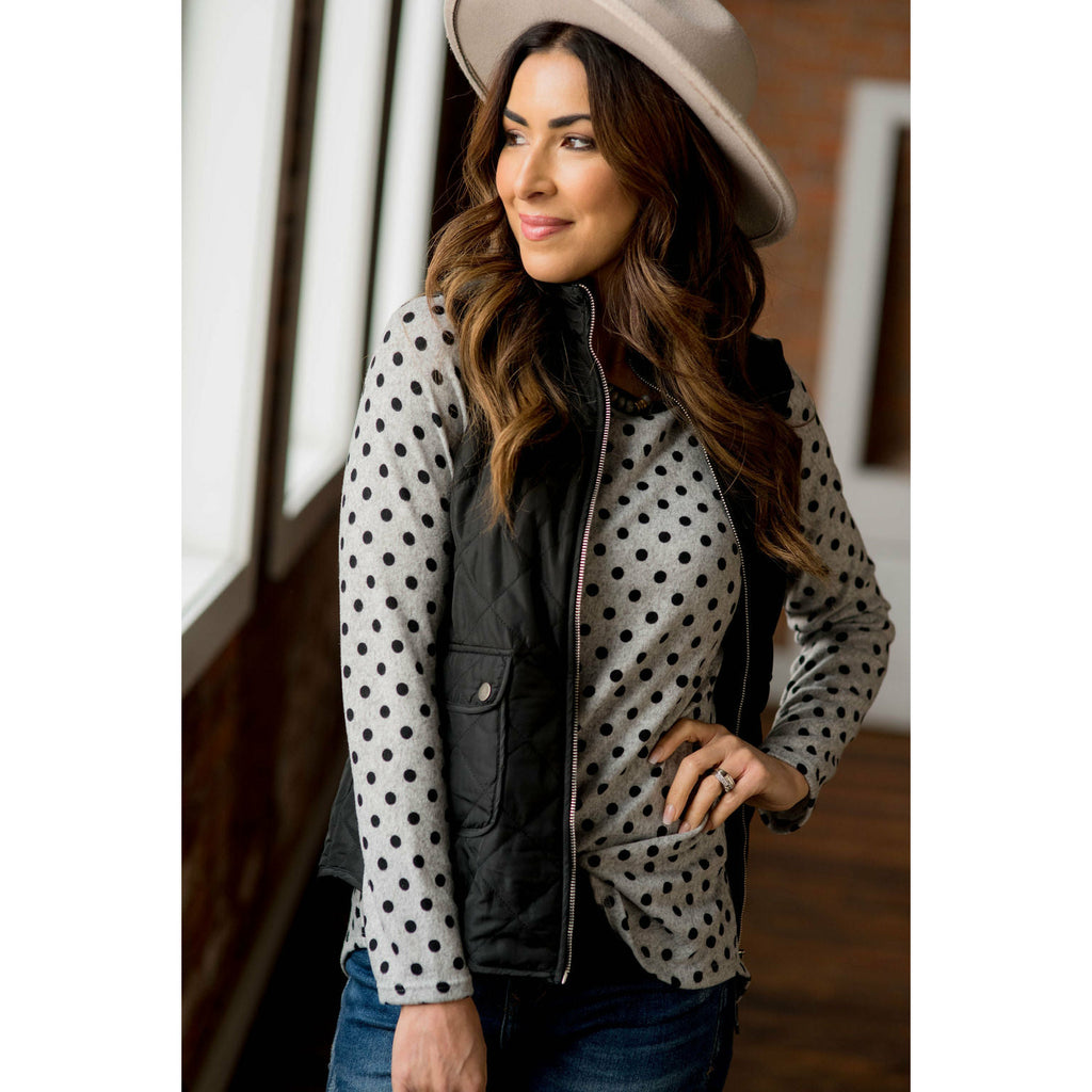 Solid Trimmed Long Sleeve Polka Dot Tee - Betsey's Boutique Shop - Shirts & Tops