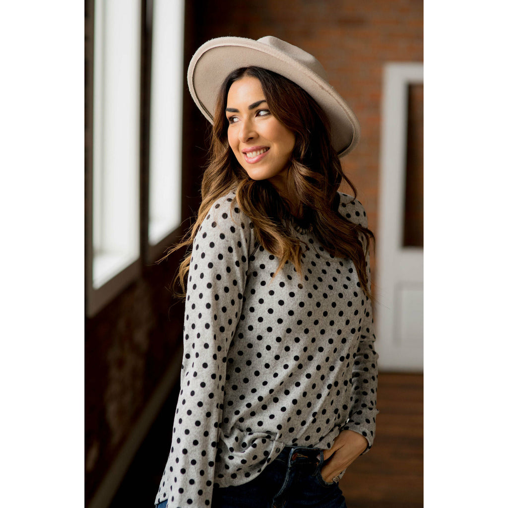 Solid Trimmed Long Sleeve Polka Dot Tee - Betsey's Boutique Shop - Shirts & Tops